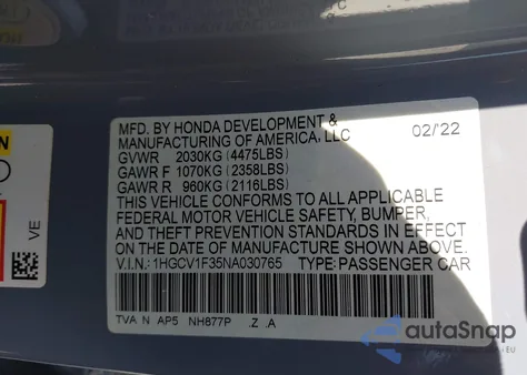 2022 Honda Accord Sport from USA, damaged, VIN 1HGCV1F35NA030765